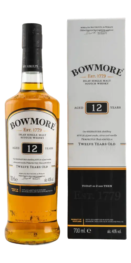 Schottischer Whisky Bowmore 12 Jahre, Islay Single Malt, 700ml, komplexe Aromen und torfiger Rauch, Zeitlose Tradition.