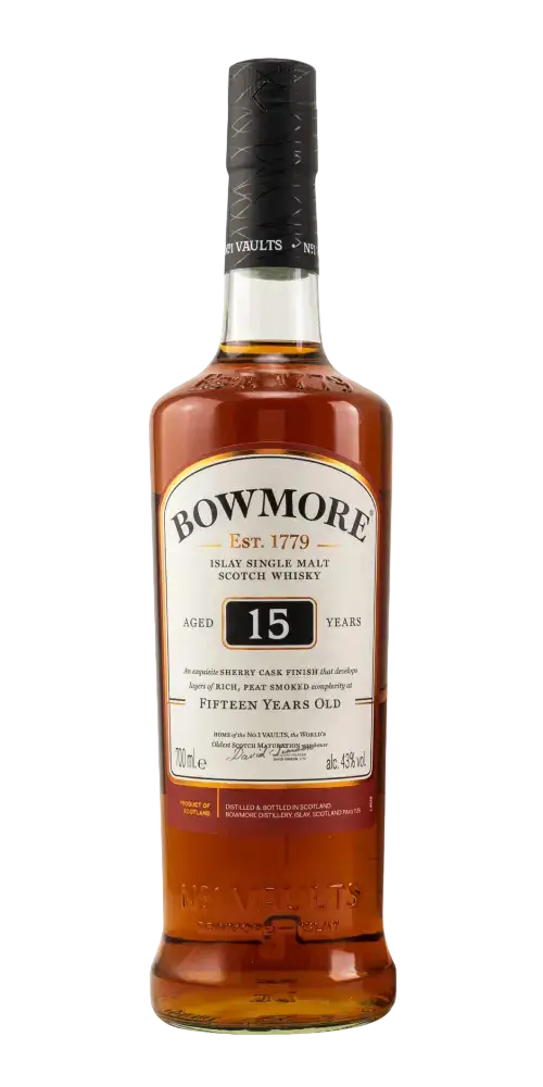 Schottischer Whisky Bowmore 15 Jahre, Islay Single Malt, Oloroso Sherry Cask Finish, intensive dunkle Farbe.