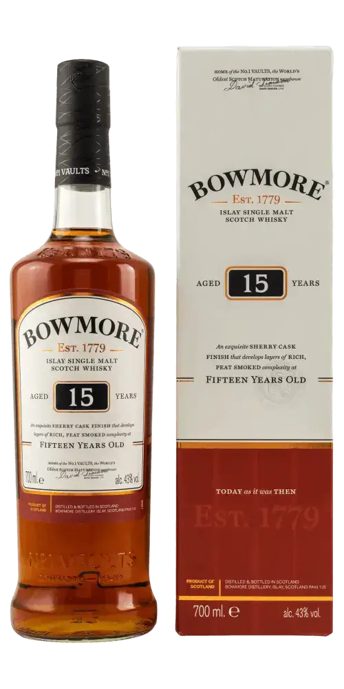 Schottischer Whisky Bowmore 15 Jahre Sherry Cask Finish im Karton, 700ml, Islay Single Malt mit intensivem Aroma.