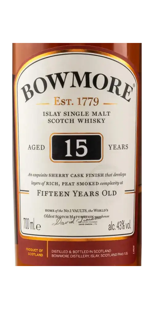 Schottischer Whisky Bowmore 15 Jahre, Islay Single Malt, Sherry Cask Finish, 700ml, 43% vol, hohe Qualität.