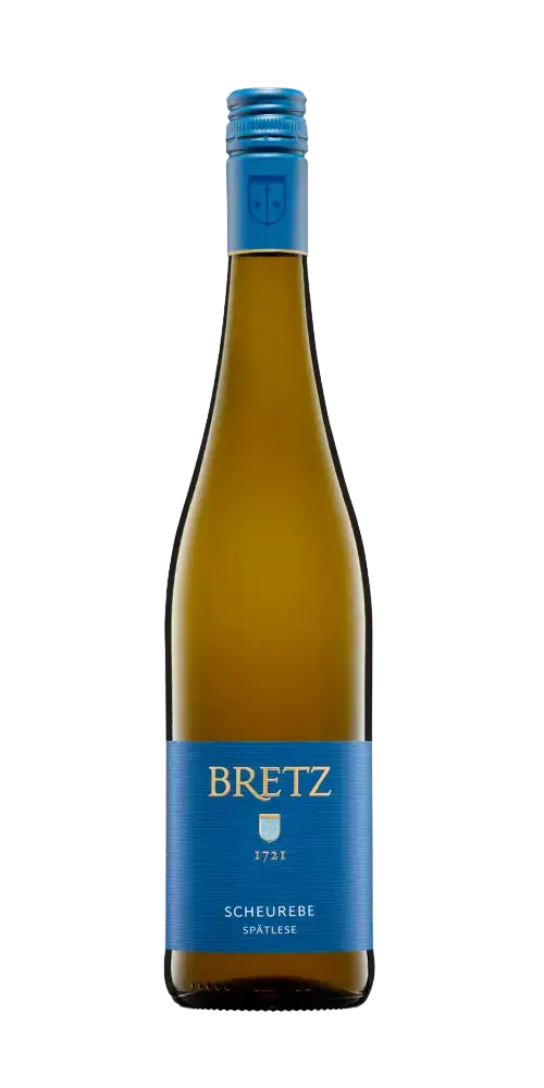 Scheurebe Spätlese Mild von Bretz, fruchtiger Weißwein mit Aromen von Johannisbeeren und Mango. Herkunft: Deutschland.