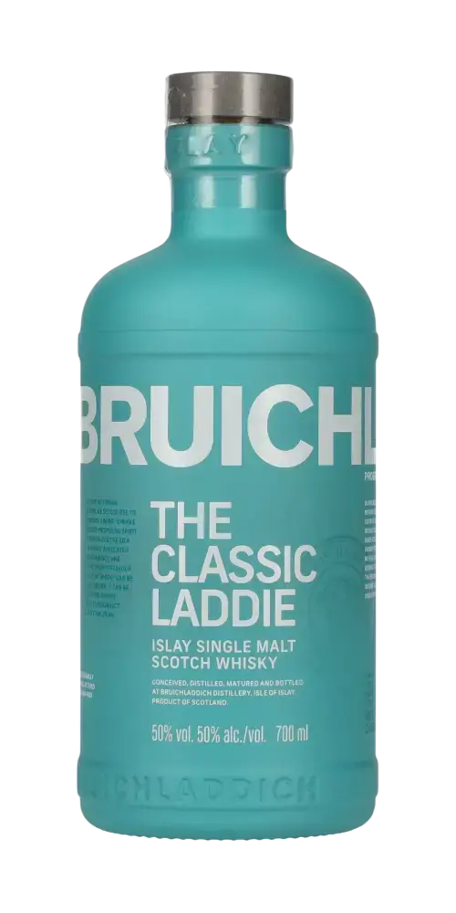 Schottischer Whisky Bruichladdich The Classic Laddie, Islay Single Malt, 700ml, 50% Vol, charakteristisch in hellblauer Flasche.