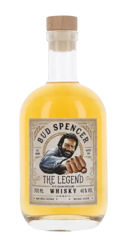 Schottischer Whisky Bud Spencer - The Legend, 700ml, 46% Vol, mit besonderem Etikett und abgedrucktem Charakter.