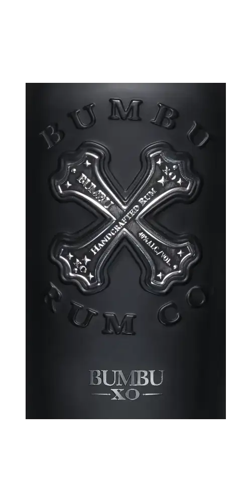 BUMBU XO Rumflasche mit schwarzem Design, markantes Logo, 500ml, edler Genuss für Cocktails oder pur.