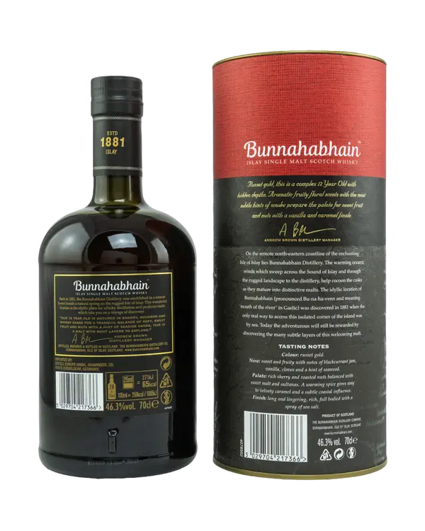 Schottischer Whisky Bunnahabhain 12 Jahre in der Verpackung mit aromatischen Noten, Islay Single Malt, 700ml.
