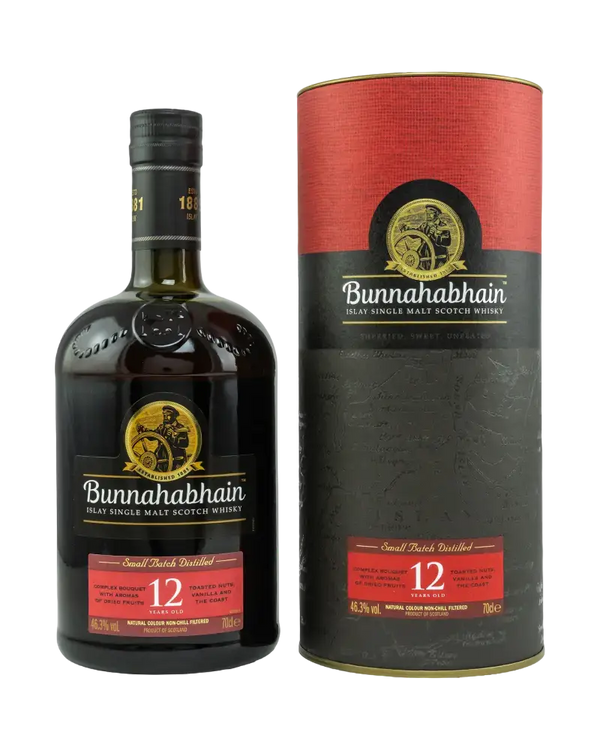 Schottischer Whisky Bunnahabhain 12 Jahre in Tube, vollmundiger Islay Single Malt mit fruchtigen Aromen.