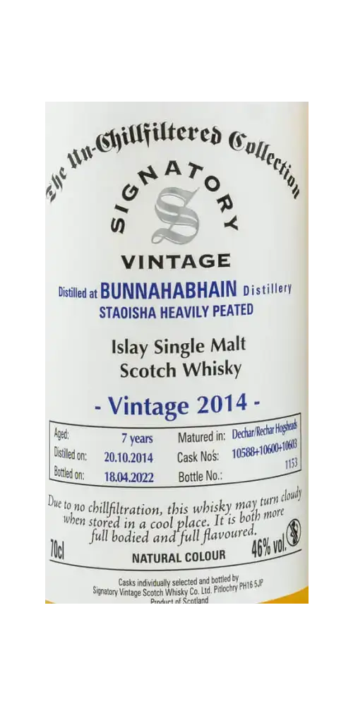 Schottischer Whisky Bunnahabhain Staoisha 2014/2022. Islay Single Malt, 7 Jahre, Dechar/Rechar Hogsheads.