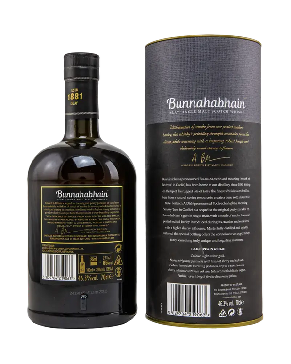 Schottischer Whisky Bunnahabhain Toiteach A Dhà, 70cl, mit Torf- und Sherry-Noten in der Verpackung.