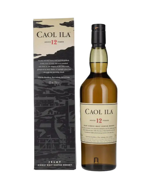 Schottischer Whisky Caol Ila 12 Jahre, Islay, Single Malt mit rauchigen Aromen und eleganter Verpackung.