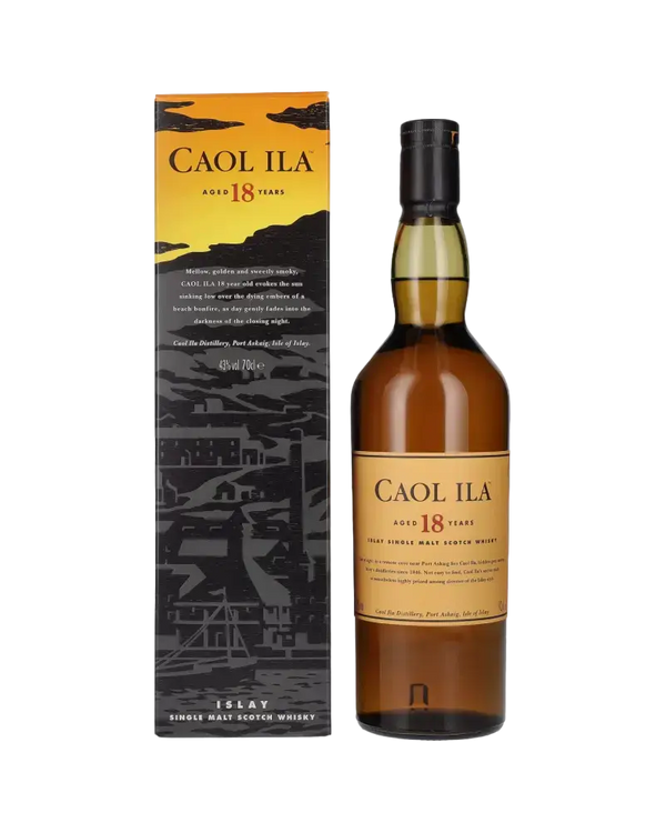 Schottischer Whisky Caol Ila 18 Jahre, Islay, Single Malt, rauchig mit fruchtigen Aromen, in dekorativer Box.