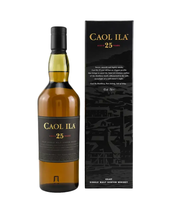 Schottischer Whisky Caol Ila 25 Jahre, Islay Single Malt mit edler Verpackung und balancierten Aromen.