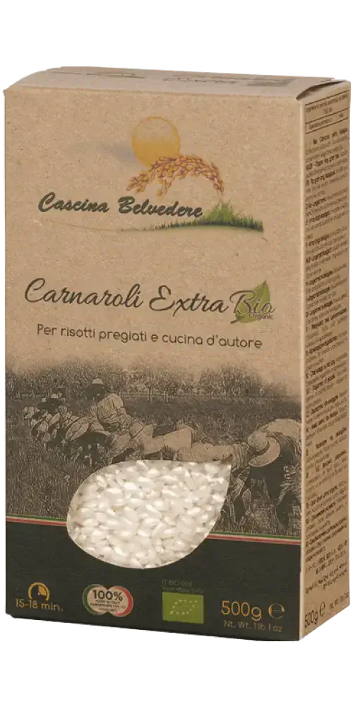 Cascina Belvedere Feinkost Riso Carnaroli Bio 500g aus Vercelli, ideal für cremige Risottos.