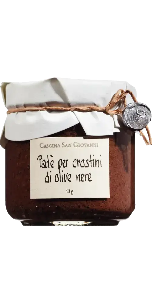 Schwarze Olivencreme 80g von Cascina San Giovanni, hochwertige Feinkost für Crostini und mediterrane Rezepte.
