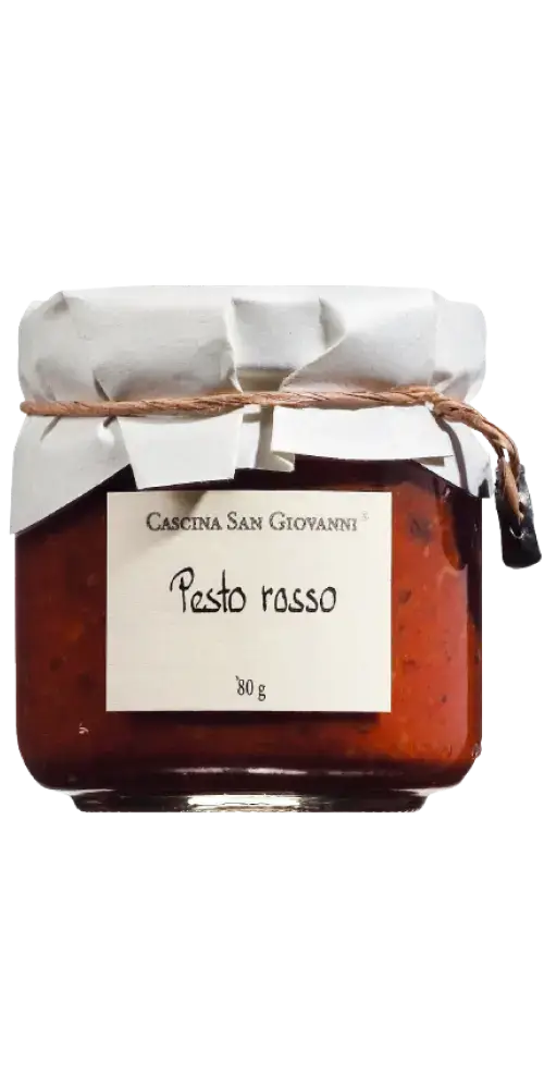 Tomatenpesto 80g von Cascina San Giovanni, italienische Feinkost aus sonnengetrockneten Tomaten und Kräutern.