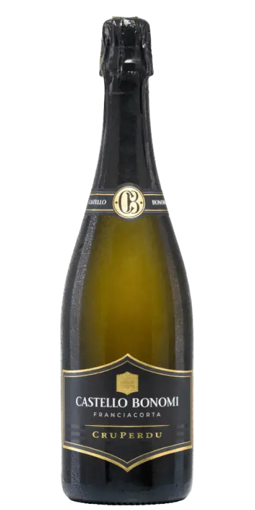 Castello Bonomi Franciacorta Cruperdu Brut, eleganter Schaumwein mit feiner Perlage und Aromen tropischer Früchte.
