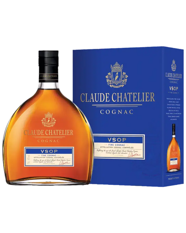 Cognac Claude Chatelier VSOP in Flasche und Verpackung, reift mindestens 4 Jahre, mit Noten von Gewürzen und Honig.