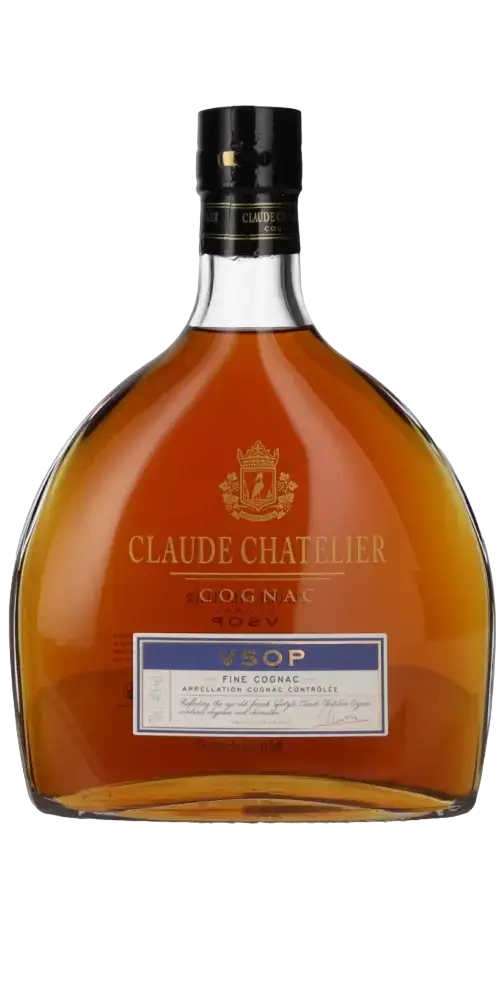 Cognac Claude Chatelier VSOP, 4 Jahre gereift, ausgeglichene Aromen von Gewürzen und Blumen, elegante Flasche.
