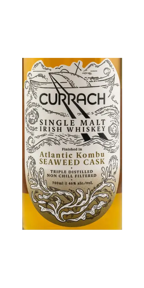 Irischer Whiskey Currach im Kombu Seetang-Fass, dreifach destilliert, ungekühlt filtriert, 700ml.