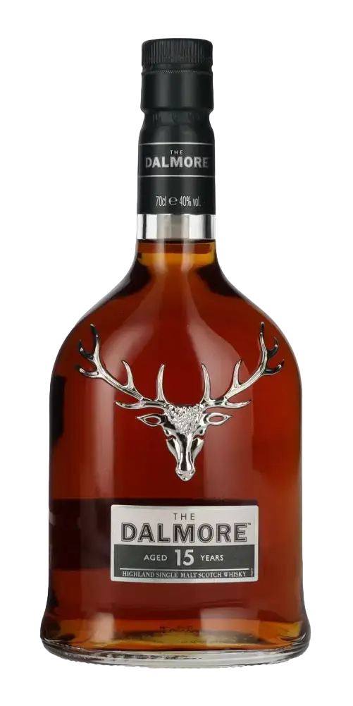 Schottischer Whisky Dalmore 15 Jahre in Glasflasche mit goldener Farbe, gereift in Oloroso Sherry-Fässern.