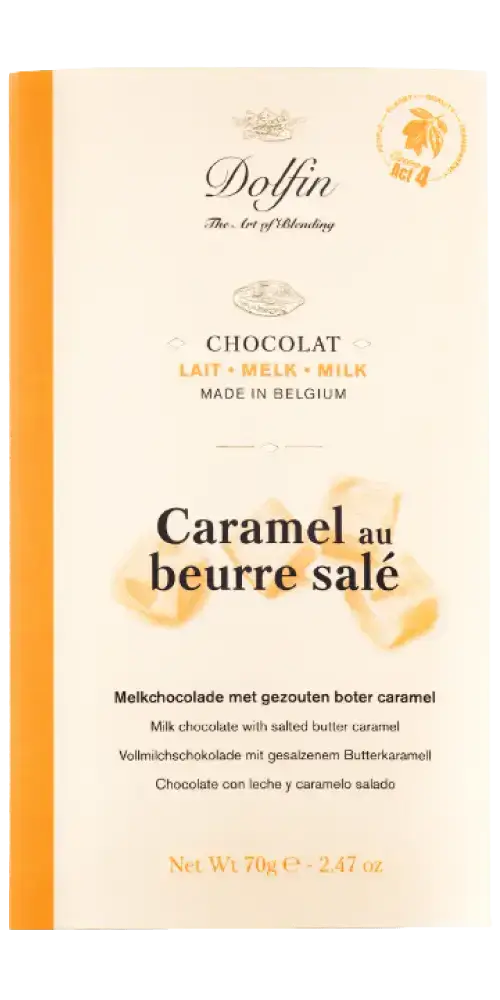 Dolfin Vollmilchschokolade mit gesalzenem Butterkaramell, belgische Feinkost mit einzigartigem Geschmack.