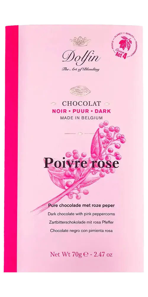 Dolfin Feinkost Zartbitterschokolade mit rosa Pfeffer aus Belgien, aromatische Kombination von Geschmacknoten.