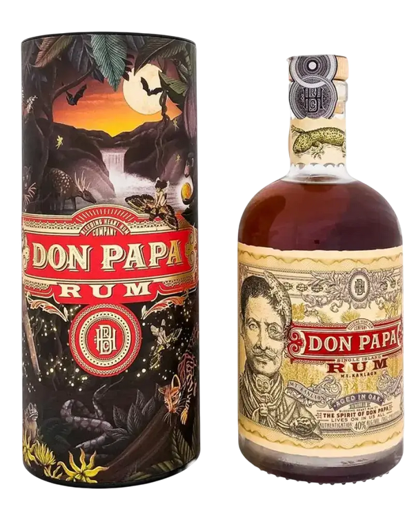 Don Papa Rum 7 Jahre in ornate Tube, vulkanische Herkunft, ex-Bourbon-Fass, starke Vanillearomen.