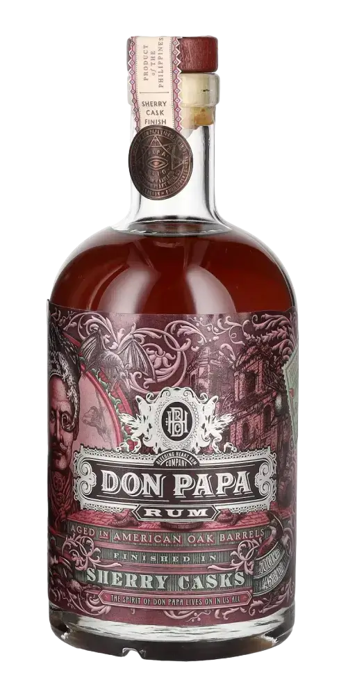 Don Papa Rum, Philippinen, 4 Jahre alt, Sherry Cask Finish, limitierte Auflage in eleganter Flasche.