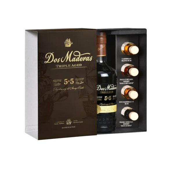 Dos Maderas 5+5 PX Tasting Set, tríple aged Rum, edel verpackt mit Sampler-Fläschchen, karibische Herkunft.