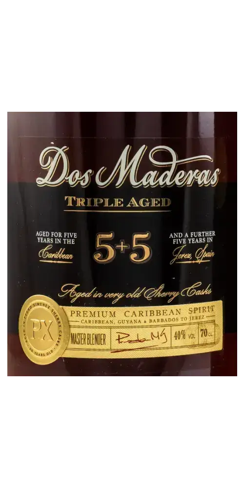 Dos Maderas 5+5 Rum, dreifach gereift, karibischer Premium-Spirit, gelagert in alten Sherryfässern.