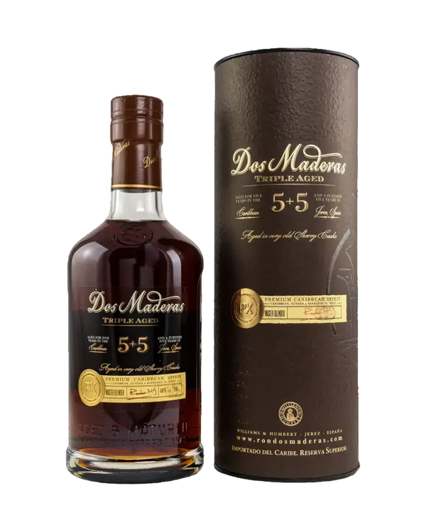 Dos Maderas 5+5 Rum, triple gereift, aus Barbados und Guyana, elegante Flasche mit Verpackung, TIME 2 TASTE