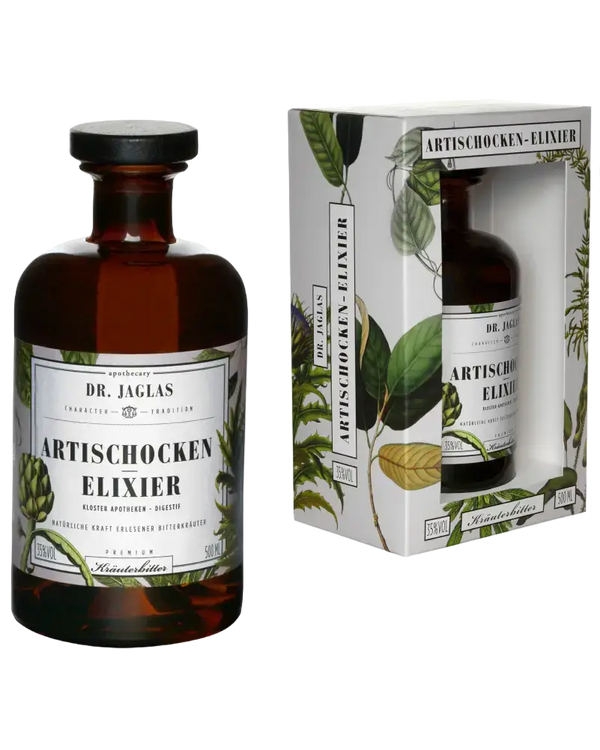 Artischocken Schnaps von Dr. Jaglas, bittersüßer Digestif in edler Flasche mit Verpackung, hochwertige Zutaten.