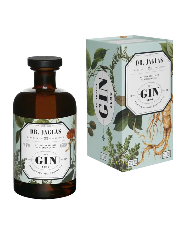 Gin Dr. Jaglas mit Ginseng, stilvolle Glasflasche und dekorative Verpackung, inspiriert von Klosterrezepten.