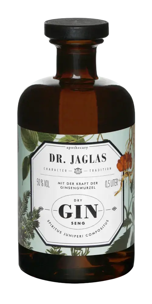 Gin Dr. Jaglas Drygin-Seng mit Ginseng und Wacholder, 0,5 Liter, 50% Vol, traditionelle Apothekerflasche.