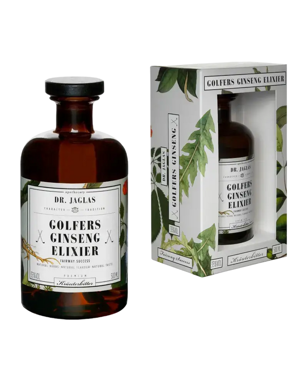 Ginseng-Elixier von Dr. Jaglas, Kräuterlikör mit Bitterkräutern im eleganten Glasflasche und Geschenkverpackung.