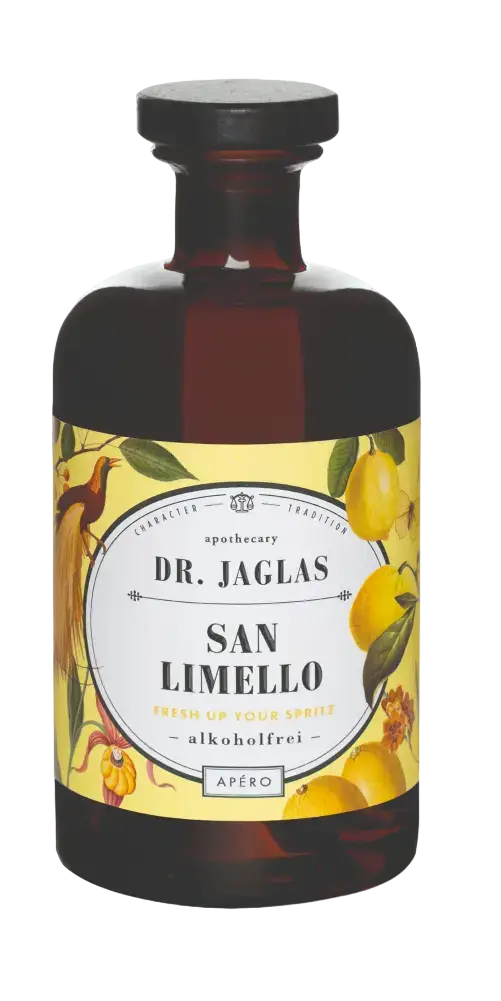 Aperitif Dr. Jaglas San Limello, alkoholfrei, mit Zitrusnote und Honig, fruchtig frisch, ideal für Cocktails.