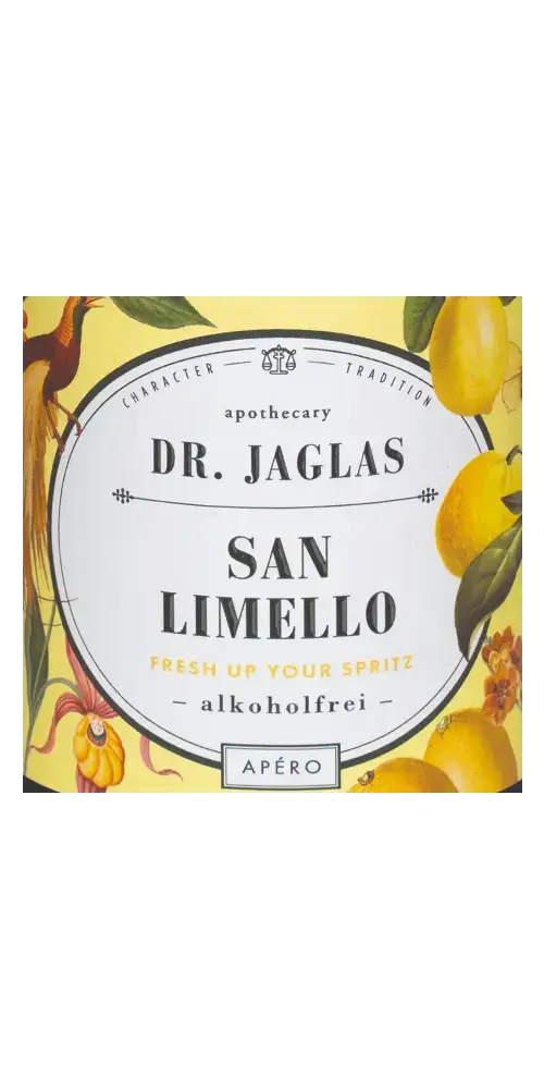 Alkoholfreier Aperitif Dr. Jaglas San Limello mit Zitrusfrucht-Aromen für spritzigen Genuss ohne Alkohol.