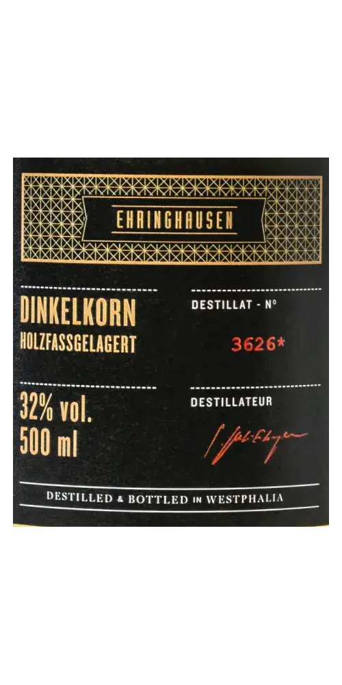 Dinkelkorn Holzfassgelagert von Ehringhausen, 32% vol, 500 ml, aus Westfalen, mit Vanille- und Holznoten.