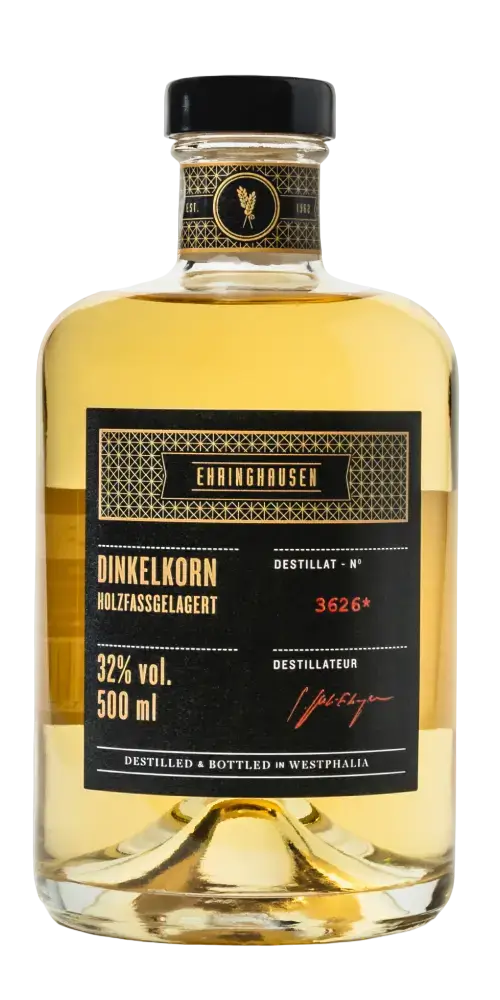 Dinkelkorn Holzfassgelagert von Ehringhausen, 32% vol, 500 ml, Destilliert und abgefüllt in Westfalen.