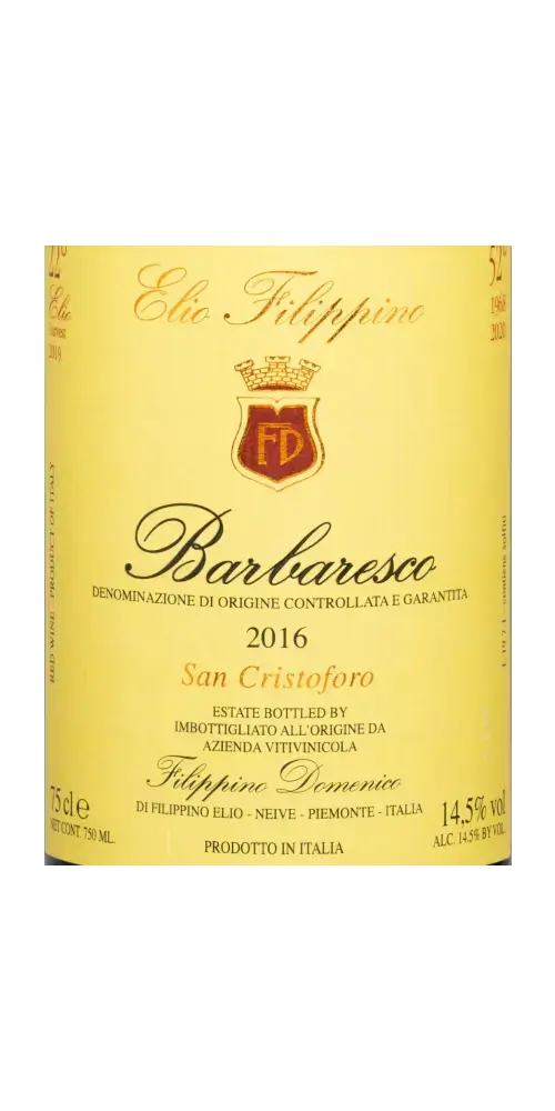 Barbaresco San Cristoforo DOCG, eleganter italienischer Rotwein mit fruchtigen Aromen und 14,5 % Vol. aus dem Jahr 2016.
