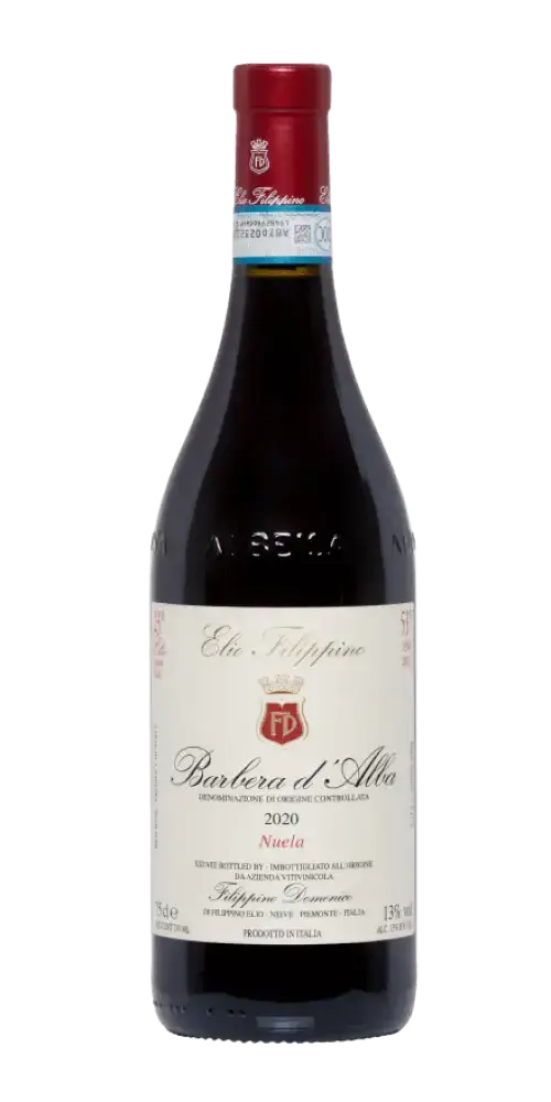 Elio Filippino Barbera d'Alba Nuela 2020, italienischer Rotwein mit tiefdunklem Rubinrot und 13 % Vol.