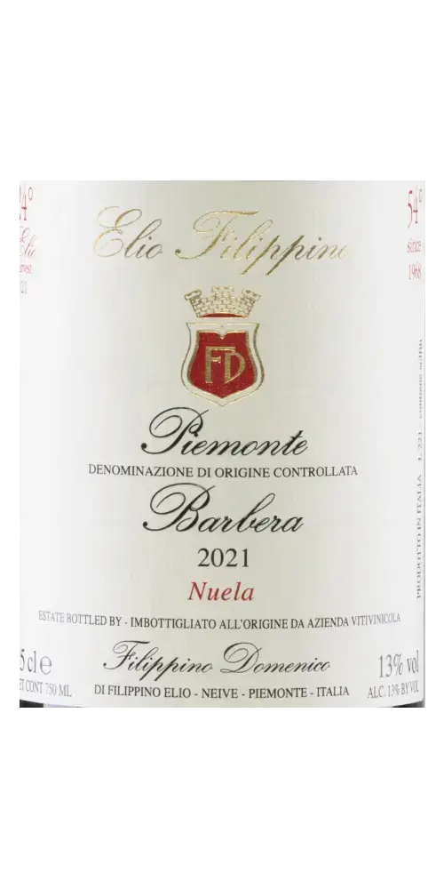Barbera Piemonte Nuela 2021, samtiger Rotwein aus Piemont mit reifen Fruchtaromen und 13% Vol.