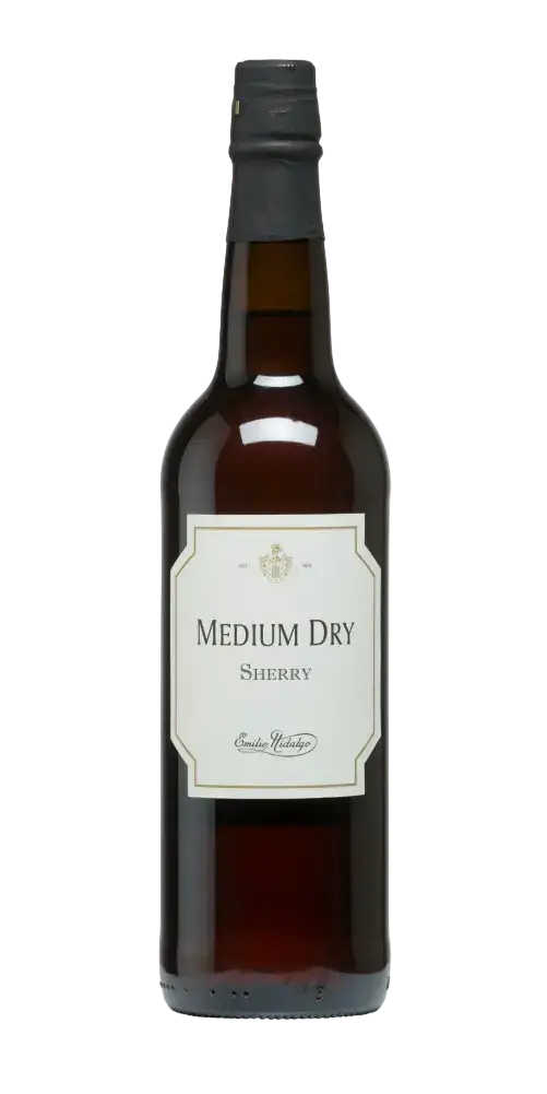 Emilio Hidalgo Medium Dry, halbtrockener Sherry in bernsteinfarbener Farbe, elegant mit leichter Restsüße und milder Note.