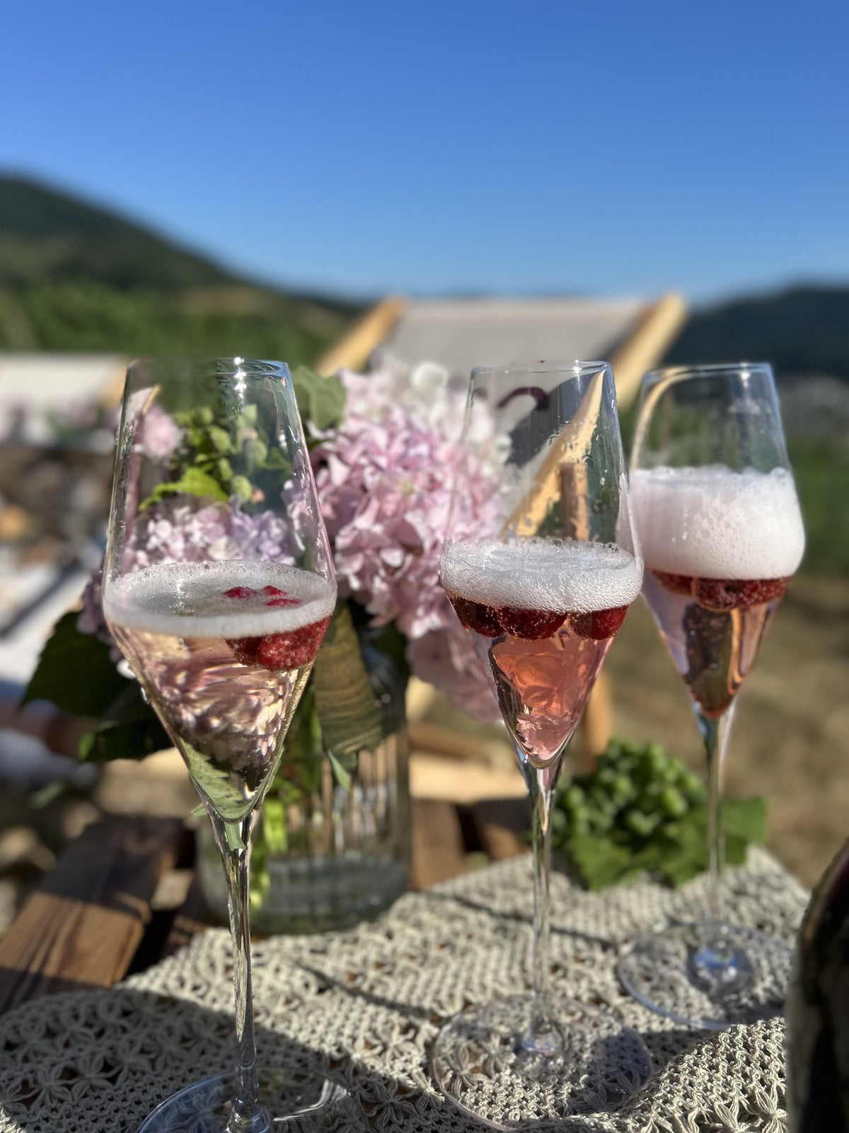 Gläser mit Rosé-Sekt und Himbeeren im Freien
