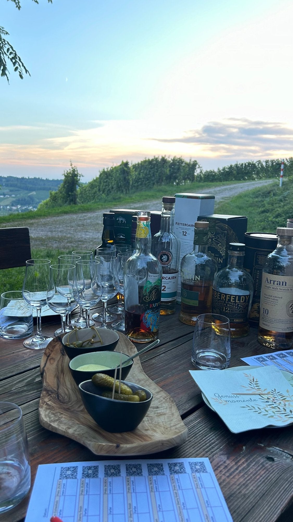Whisky-Tasting im Freien in den Weinbergen bei Sonnenuntergang