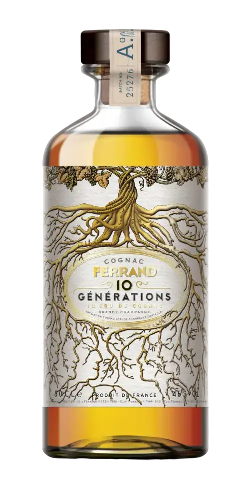 Cognac Ferrand 10 Générations, exquisiter Blend, 5-7 Jahre alt, in eleganter Flasche, hochwertige französische Spirituose.