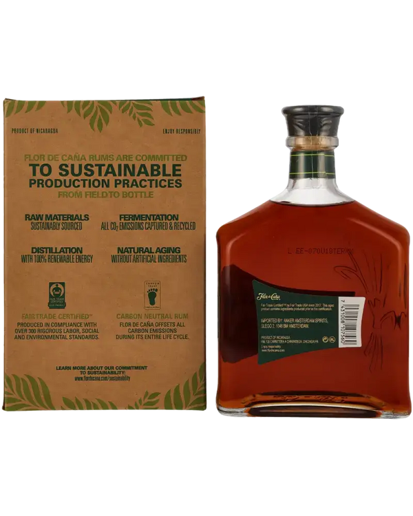 Flor de Caña Rum 15 Jahre in Flasche mit nachhaltigen Produktionspraktiken aus Nicaragua, nat-ürliche Reifung.