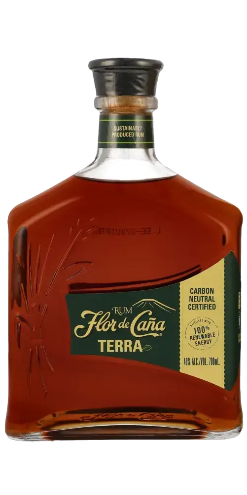 Flor de Caña Rum Terra, 700ml Flasche, nachhaltige Produktion, 100% erneuerbare Energie, bernsteinfarbener Rum aus Nicaragua.