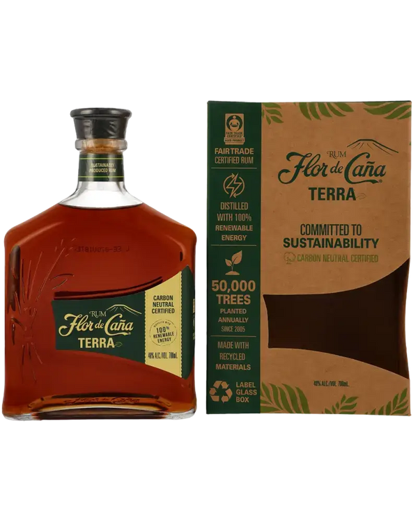 Flor de Caña Rum Terra in Glasflasche mit nachhaltiger Verpackung, Nicaragua, 100% erneuerbare Energie, 70 cl.