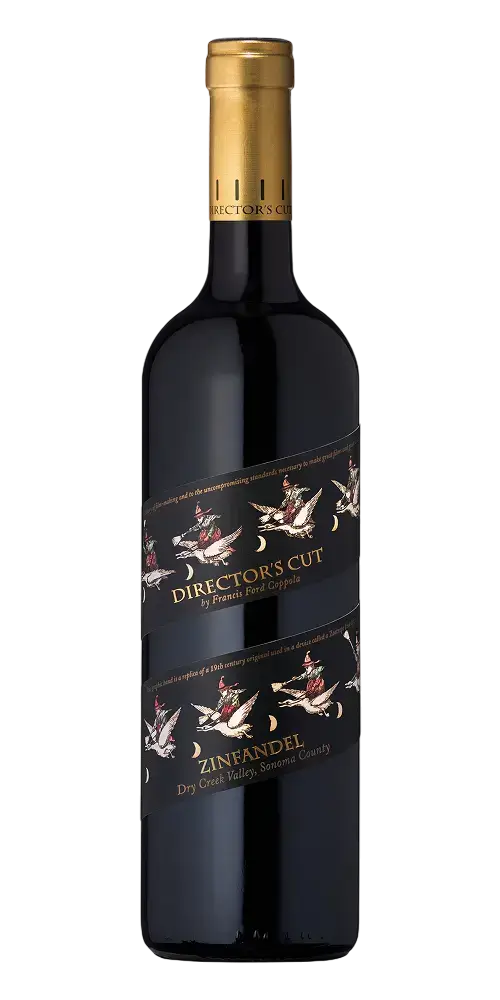 Director's Cut Dry Creek Zinfandel Weinflasche mit künstlerischem Etikett und goldener Kapsel.
