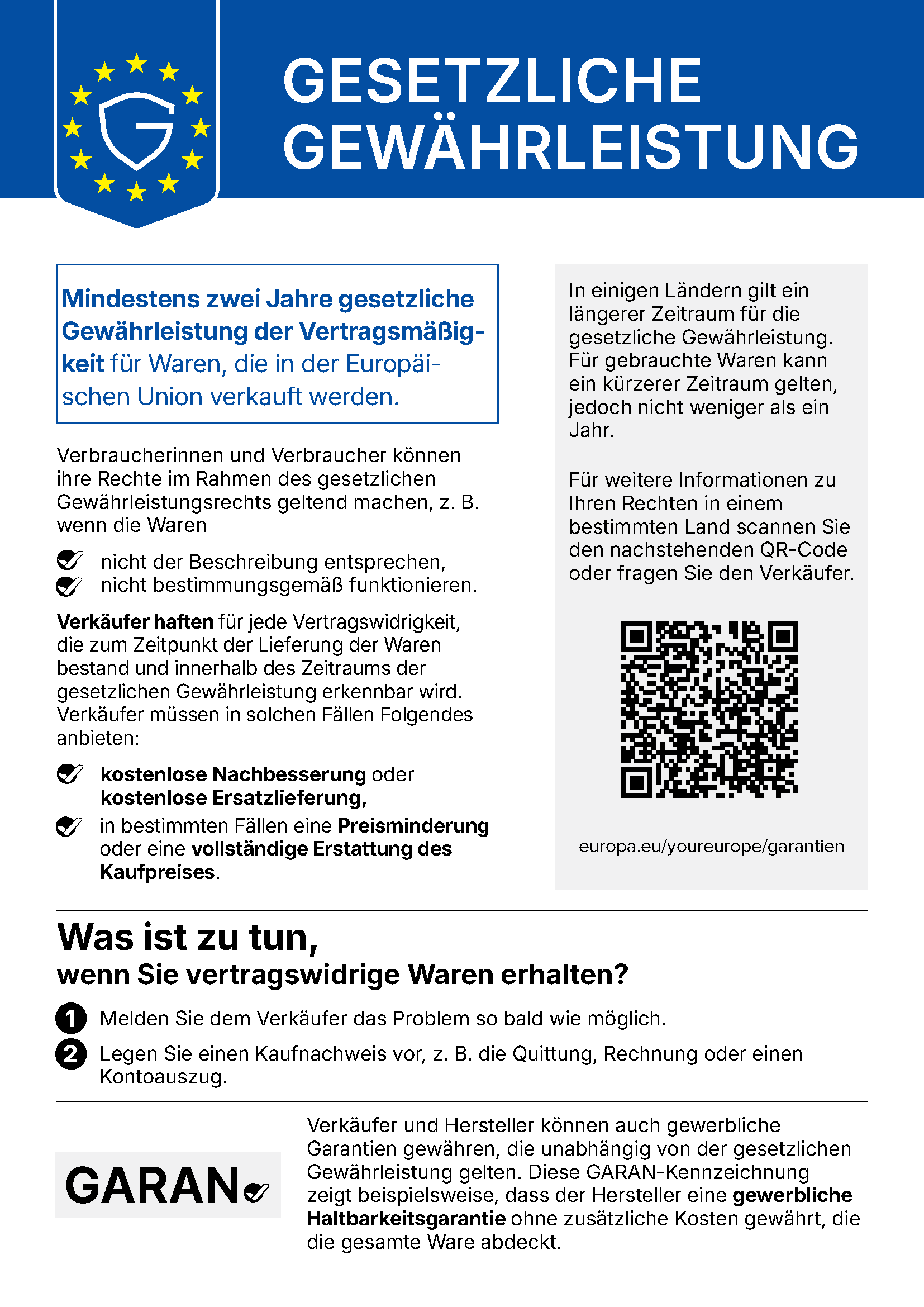 Gesetzliche Gewährleistung: EU-Informationslabel zu den Verbraucherrechten bei vertragswidrigen Waren